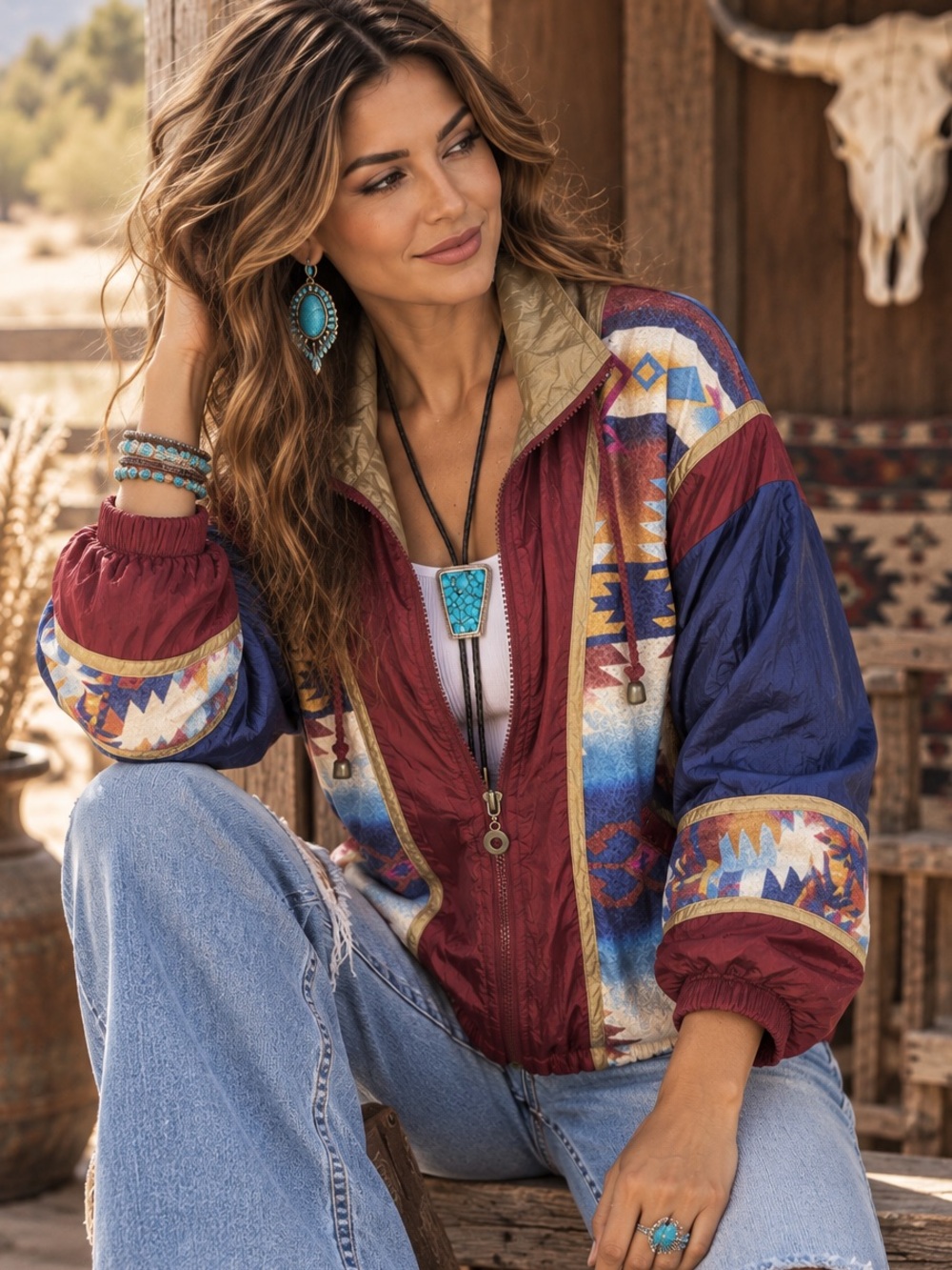 Vintage-Inspired Women's Maroon & Navy Zip Jacket